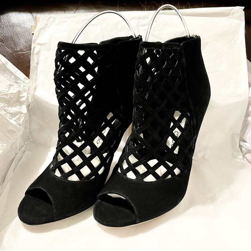 Jimmy Choo fishnet gladiator ankle peeptoe bootie Supple suede lthr blk EU37.5 - Picture 4 of 9